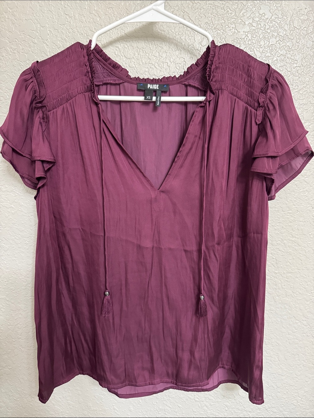 PAIGE Plum V-Neck Smocked Shoulder Flutter Sleeve Top